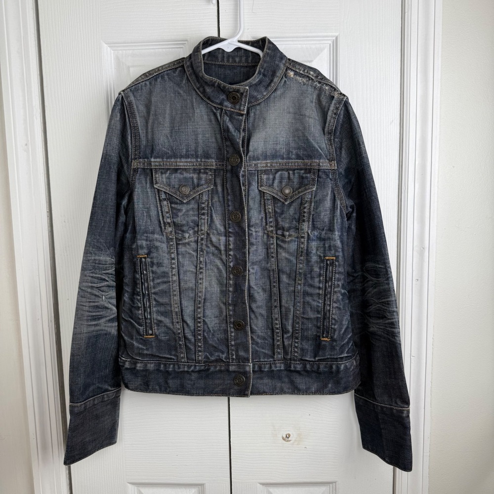 GAP Womens Denim Jacket Dark Wash Distressed Collared Trucker Snap Front XS